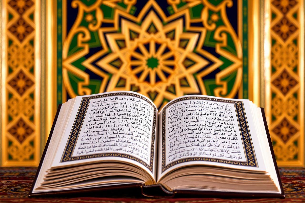 Open Holy Quran with Islamic geometric patterns